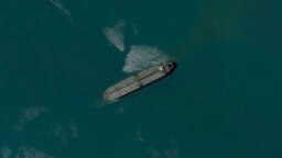 This satellite image from Planet Labs PBC shows the seized oil tanker Niovi off the coast of Bandar Abbas, Iran, May 6, 2023. (Planet Labs PBC via AP)