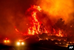 Flames leap above fire vehicles as the Park Fire jumps Highway 36 near Paynes Creek in Tehama County, California, July 26, 2024.