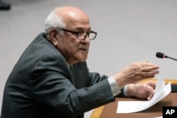 Palestinian envoy Riyad Mansour speaks during a Security Council meeting at U.N. headquarters, April 18, 2024.
