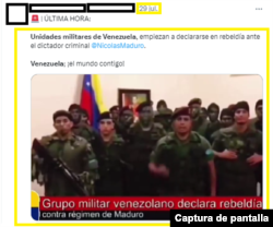 Captura de pantalla de un video difundido en X de un grupo de militares rebeldes. La grabación no corresponde a 2024, es de 2017.