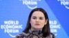 FILE — Leader of the Democratic Forces of Belarus Sviatlana Tsikhanouskaya speaks during a session of the World Economic Forum 2023, in Davos, Switzerland, Jan. 19, 2023. 