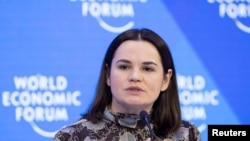 FILE - Leader of the Democratic Forces of Belarus Sviatlana Tsikhanouskaya speaks during a session of the World Economic Forum 2023, in Davos, Switzerland, Jan. 19, 2023. 