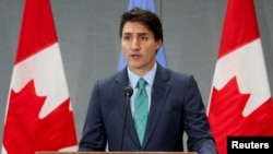 Canadian Prime Minister Justin Trudeau speaks to reporters in New York, Sept. 21, 2023, as tensions escalate following Canada's announcement that it was pursuing allegations linking Indian government agents to the slaying of a Sikh separatist in June.