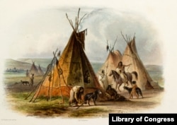 This 1840 painting by Charles Bodmer illustrating Native Americans and working dogs. From Maximilian, Prince of Wied's, Travels in the Interior of North America, 1832-1834.