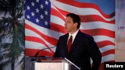 FILE - Florida Governor Ron DeSantis speaks during the Florida Family Policy Council Annual Dinner Gala, in Orlando, Florida, May 20, 2023.