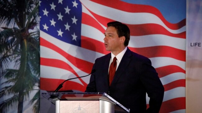 FILE - Florida Governor Ron DeSantis speaks during the Florida Family Policy Council Annual Dinner Gala, in Orlando, Florida, May 20, 2023.
