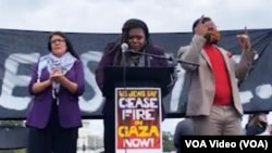 U.S. Congresswoman Cori Bush (D, MO) addresses pro-Palestinian protesters at a rally in Washington, D.C. on Wednesday Oct. 18, 2023.