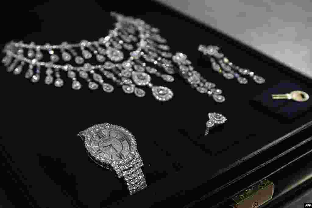 Jewelry gifted to former Brazilian President Jair Bolsonaro and former first lady Michelle Bolsonaro by the Saudi government and seized by customs officials is displayed at Guarulhos International Airport in Sao Paulo, March 15, 2023.