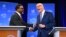 Chicago mayoral candidates Brandon Johnson, left, and Paul Vallas shake hands before the start of a debate at ABC7 studios in downtown Chicago, March 16, 2023. (Chris Sweda/Chicago Tribune via AP, Pool)