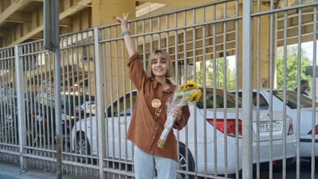 Iranian journalist Nazila Maroufian gestures in a photo she posted on her X account Aug. 13, 2023.