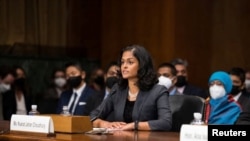 FILE - Nusrat Choudhury appears before the U.S. Senate Judiciary Committee in Washington, DC, on April 27, 2022. (US Senate/via Reuters)