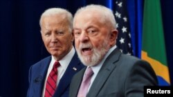 U.S. President Joe Biden listens to Brazilian President Luiz Inacio Lula da Silva during an event with labor leaders from the United States and Brazil, on the sidelines of the 78th U.N. General Assembly in New York City, Sept. 20, 2023. 