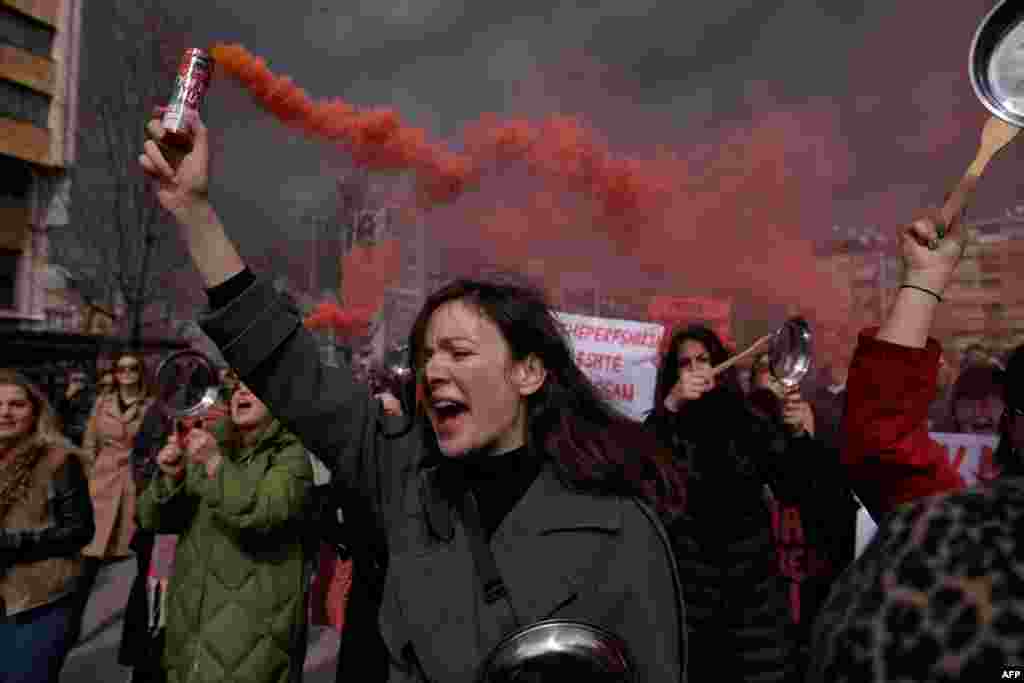 Women take part in a rally for gender equality and against violence towards women to mark the International Women&#39;s Day in Pristina, Kosovo.