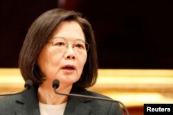 FILE - Taiwan President Tsai Ing-wen speaks during a news conference at the presidential office in Taipei, Jan. 27, 2023.
