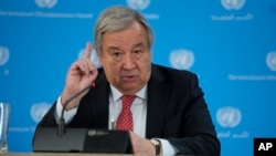 U.N. Secretary-General Antonio Guterres addresses the media during a visit to the U.N. office in the capital Nairobi, Kenya, May 3, 2023.