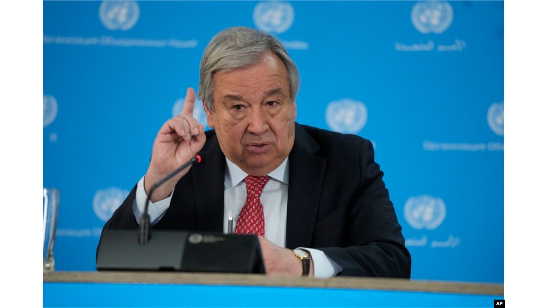 FILE - U.N. Secretary-General Antonio Guterres addresses the media during a visit to the U.N. office in the capital Nairobi, Kenya, May 3, 2023.