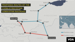 拟建的中吉乌铁路：预计线路全长523公里，从新疆喀什出发，经吉尔吉斯斯坦卡拉苏到达乌兹别克斯坦安集延。目前中亚国家正在权衡中国一带一路倡议带来的益处与风险。（美国之音图表）