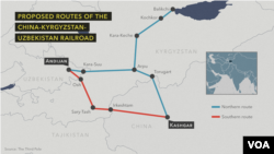 The 523-kilometer (325-mile) China-Kyrgyzstan-Uzbekistan railroad would depart from Kashgar, Xinjiang, and arrive in Andijan, Uzbekistan, via Karasu, Kyrgyzstan.
