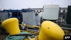 Equipment on a barge for UCLA's SeaChange climate change carbon removal project at the Port of Los Angeles in San Pedro, California on April 12, 2023.