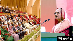 ঢাকার ওসমানী স্মৃতি মিলনায়তনে স্বাধীনতা পদক প্রদান অনুষ্ঠানে প্রধানমন্ত্রী শেখ হাসিনা। ২৫ মার্চ, ২০২৪।