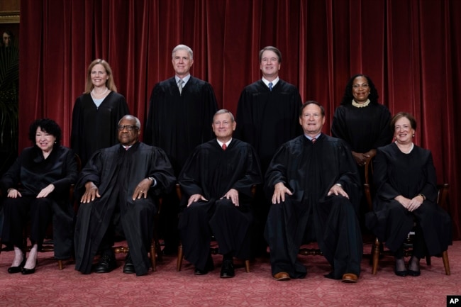 Supreme Court justices, Bottom row, from left, Sonia Sotomayor, Clarence Thomas, Chief Justice John Roberts, Samuel Alito, and Elena Kagan. Top row, from left, Amy Coney Barrett, Neil Gorsuch, Brett Kavanaugh, and Ketanji Brown Jackson, Oct. 7, 2022.