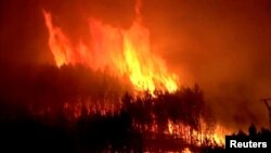A fire burns in a forest in Pinofranqueado, Spain, May 18, 2023, in this screen grab taken from a handout video. (Emergency Military Unit/Handout via Reuters)