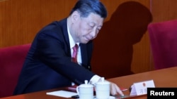 中国领导人习近平在北京人大会堂举行的全国人大闭幕式上投票。(2024年3月11日)