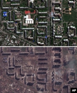 FILE - These satellite images provided by MaxarTechnologies show school and apartment buildings in Bakhmut, Ukraine, May 8, 2022, top, and the same buildings demolished on May 15, 2023, bottom.