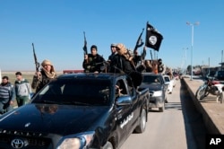 FILE - Islamic State militants are seen in Tel Abyad, Syria, May 4, 2015. After years of civil war, the country is effectively divided between areas controlled by the Damascus government, various opposition groups and Kurdish forces.  (AP activist website)