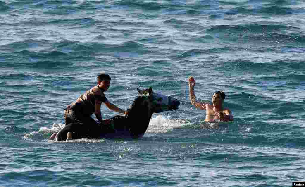 Warga Palestina mencuci kuda mereka di laut di lepas pantai Kota Gaza.
