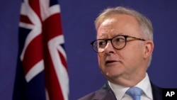 Australian Prime Minister Anthony Albanese holds a joint press conference with New Zealand Prime Minister Christopher Luxon at the Commonwealth Parliament Offices in Sydney, Dec. 20, 2023.
