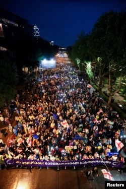 Demonstrators rally to protest a bill on "foreign agents" in Tbilisi, Georgia, May 11, 2024.