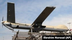 (FILE) An Iranian drone is displayed at a rally in Iran.
