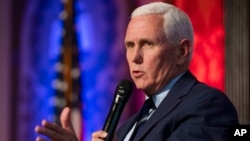 FILE - Republican presidential candidate and former Vice President Mike Pence speaks Oct. 3, 2023, at Georgetown University in Washington.