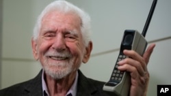 Marty Cooper, the inventor of first commercial mobile phone, during an interview with The Associated Press during the Mobile World Congress 2023. (AP Photo/Joan Mateu Parra)