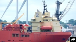 The Dino Chouest is docked in Providence, Rhode Island, July 10, 2024. The vessel is to be part of an expedition to the wreckage of the RMS Titanic, the British ocean liner that sank in April of 1912. 