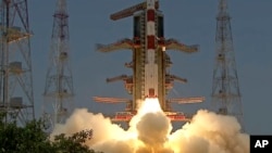 The screengrab from Indian Space Research Organization (ISRO) YouTube channel shows the Aditya-L1 spacecraft lifting off on board a satellite launch vehicle from the space center in Sriharikota, India, Sept. 2, 2023.