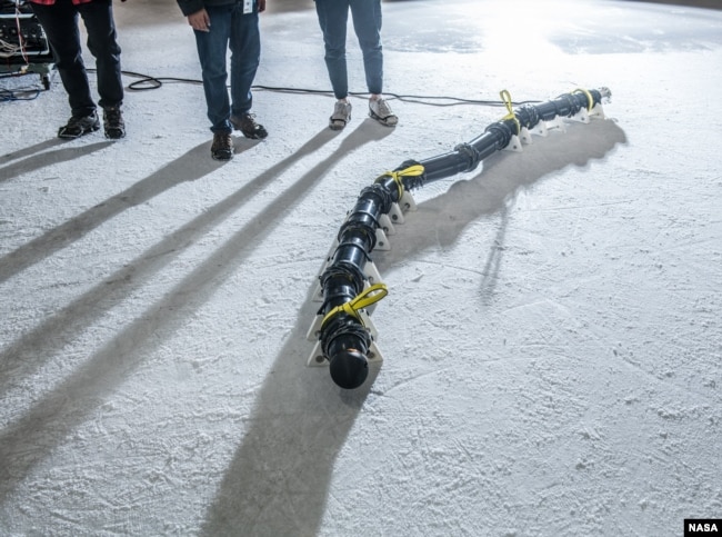 The first EELS prototype awaits testing at the Pasadena Ice Rink in Pasadena, California. (Photo Credit: NASA/JPL-CalTech)