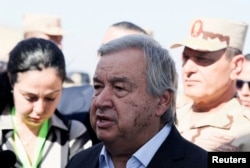 FILE - U.N. Secretary-General Antonio Guterres speaks to reporters after visiting the Rafah border crossing between Egypt and the Gaza Strip, Oct. 20, 2023.