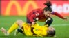 Spain's Ivana Andres celebrates with goalkeeper Cata Coll, on the ground, at the end of the Women's World Cup soccer final between Spain and England at Stadium Australia in Sydney, Australia, Aug. 20, 2023. 