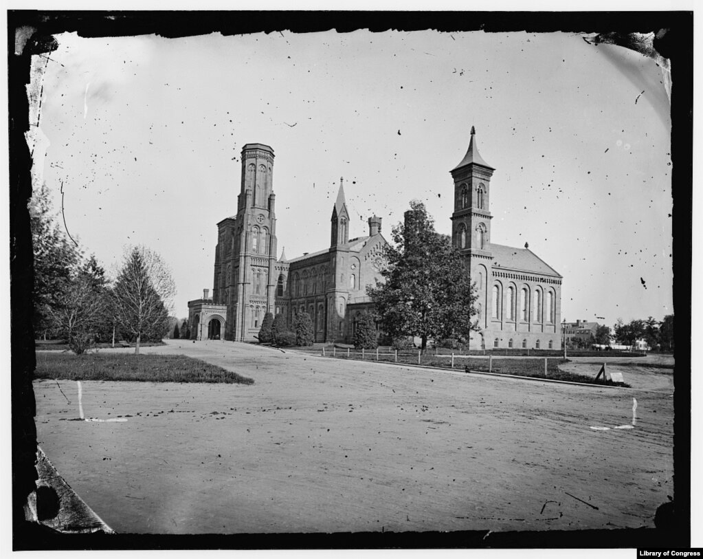 This circa 1870 image from a glass plate negative shows the Smithsonian Institution "Castle" in Washington, D.C.