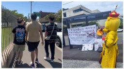 悉尼大学中国留学生艾伦·张在校园门口举行的和平示威接连几天被持亲北京立场的年轻人砸场。（图片来自
