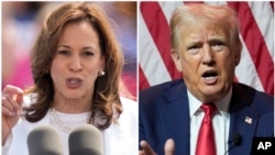 Kombinasi foto ini menunjukkan Wakil Presiden Kamala Harris, 7 Agustus 2024 (kiri) dan calon presiden dari Partai Republik, mantan Presiden Donald Trump, 31 Juli 2024. (Charles Rex Arbogast/AP)