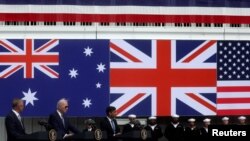 FILE - U.S. President Joe Biden, Australian PM Anthony Albanese and British PM Rishi Sunak deliver remarks on the Australia - UK - U.S. (AUKUS) partnership, after a trilateral meeting, at Naval Base Point Loma in San Diego, California, March 13, 2023. 