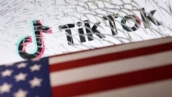 碎玻璃后的美国国旗和 TikTok标识图示