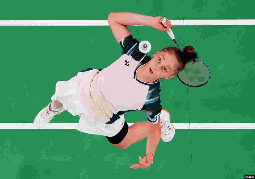 Kaloyana Nalbantova of Bulgaria plays against Xuefei Qi of France during the women&#39;s singles badminton group A match during the 2024 Summer Olympics&nbsp;at Porte de la Chapelle Arena in Paris, France.