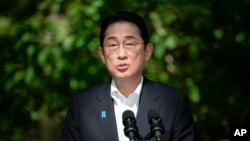 Japan's Prime Minister Fumio Kishida speaks during a joint news conference with US President Joe Biden and South Korea's President Yoon Suk Yeol on Aug. 18, 2023, at Camp David, the presidential retreat, near Thurmont, Md. 