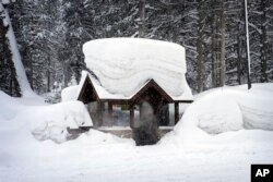 Seorang warga duduk di halte bus di Olympic Valley, California, yang tertutup salju Jumat, 24 Februari 2023. (AP/John Locher)