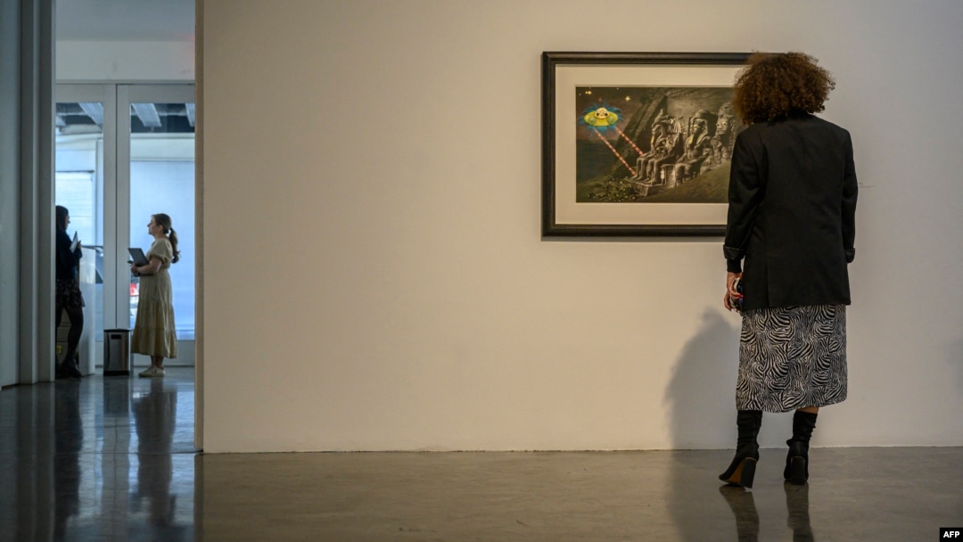 Ellen Gallagher's "Abu Simbel, 2005" is displayed as part of the Nina Simone Childhood Home Auction Exhibition at the Pace Gallery in New York on May 17, 2023.