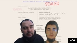 An image of Tim Stigal, left, taken from a REN TV video and a photo of Amin Stigal taken from an FBI wanted poster are added to an image of a legal document. 